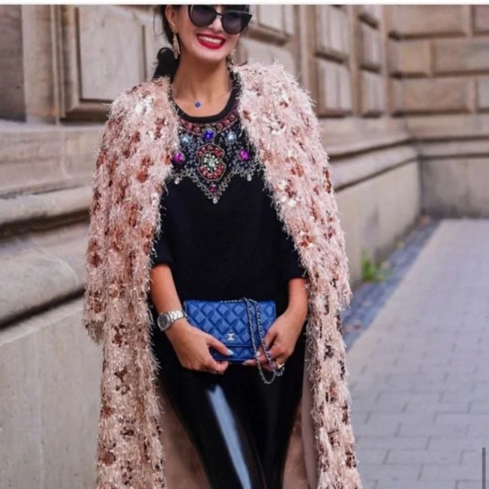 ZARA FRINGE SEQUIN ROBE KIMONO LONG JACKET COAT - Picture 8 of 8